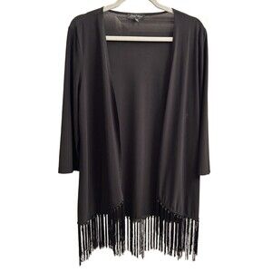 Slinky Brand Black Open Front Kimono Cardigan Tassel Fringe Size Medium